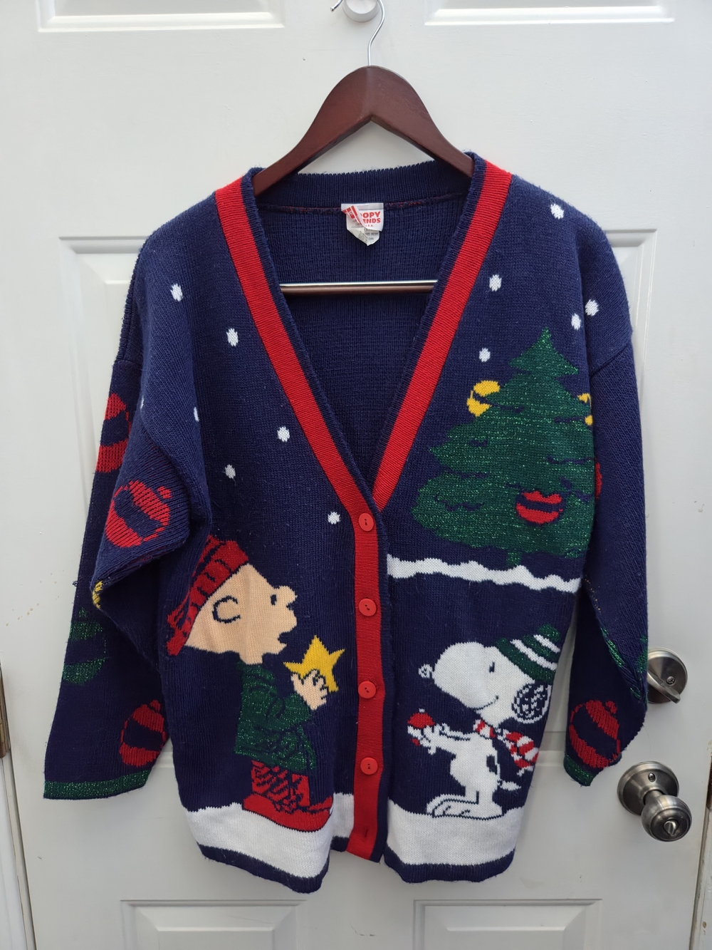 Vintage Peanuts Navy Cardigan with Red Trim and Green Tree Motif